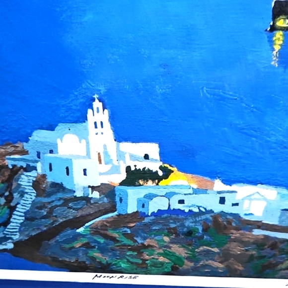 Vintage MOONRISE by Rick Koestler Serene Greek Blue Coastal...